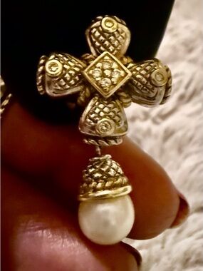 Sterling Silver Pearl Drop Cross Earrings - White Pearl